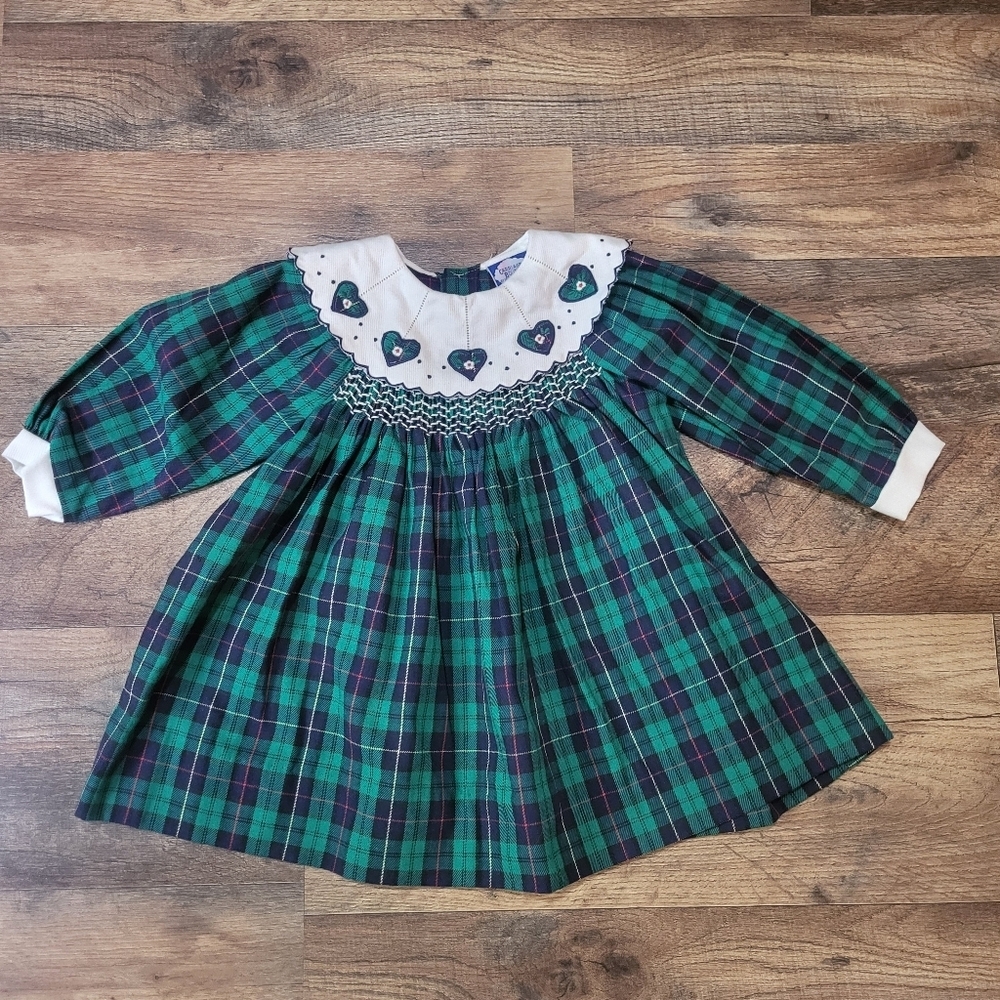 Vintage 80's Carriage Boutique Scottish Green & Blue Plaid Embroidered Babydoll